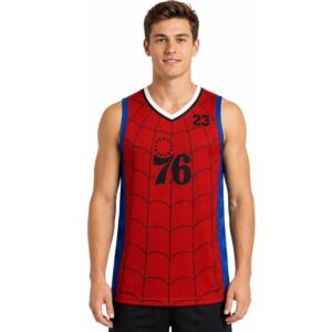 Lebron James Philadelphia 76ers Spider Man New Day Number 23 Jersey 1 Lebron James Philadelphia 76ers Spider Man New Day Number 23 Jersey (2)