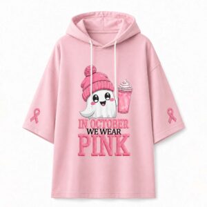In October We Wear Pink Halloween Drink Cup Short Sleeve Hoodie