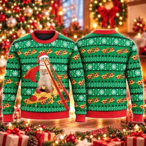 2026 Christmas Super Cat Riding Pizza Ugly Sweater 2
