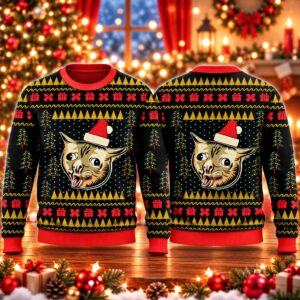 2026 Christmas Coughing Cat Ugly Sweater 2