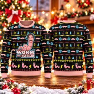 2026 Christmas Rules Worm With A Mustache Ugly Sweater 2