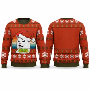 2026 Christmas White Cat Eating Salad Meme Ugly Sweater