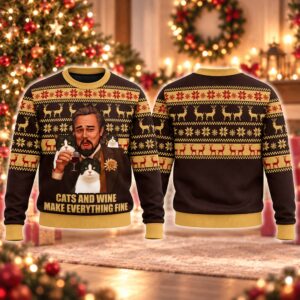 2026 Christmas Leonardo Dicaprio Cats And Wine Make Everything Fine Ugly Sweater 2