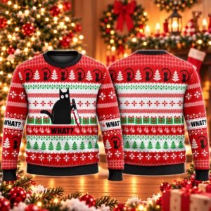 2026 Christmas What Funny Black Cat Ugly Sweater 2