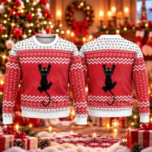 2026 Christmas Climbing Black Cat Ugly Sweater 2